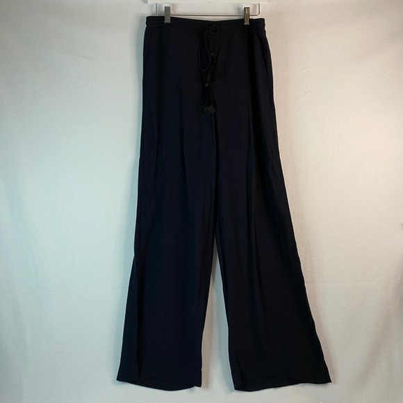 H&M Wide Leg Rayon Pants Women's Tassel‎ Drawstring Casual Comfy Black Sz 8 - Picture 1 of 7